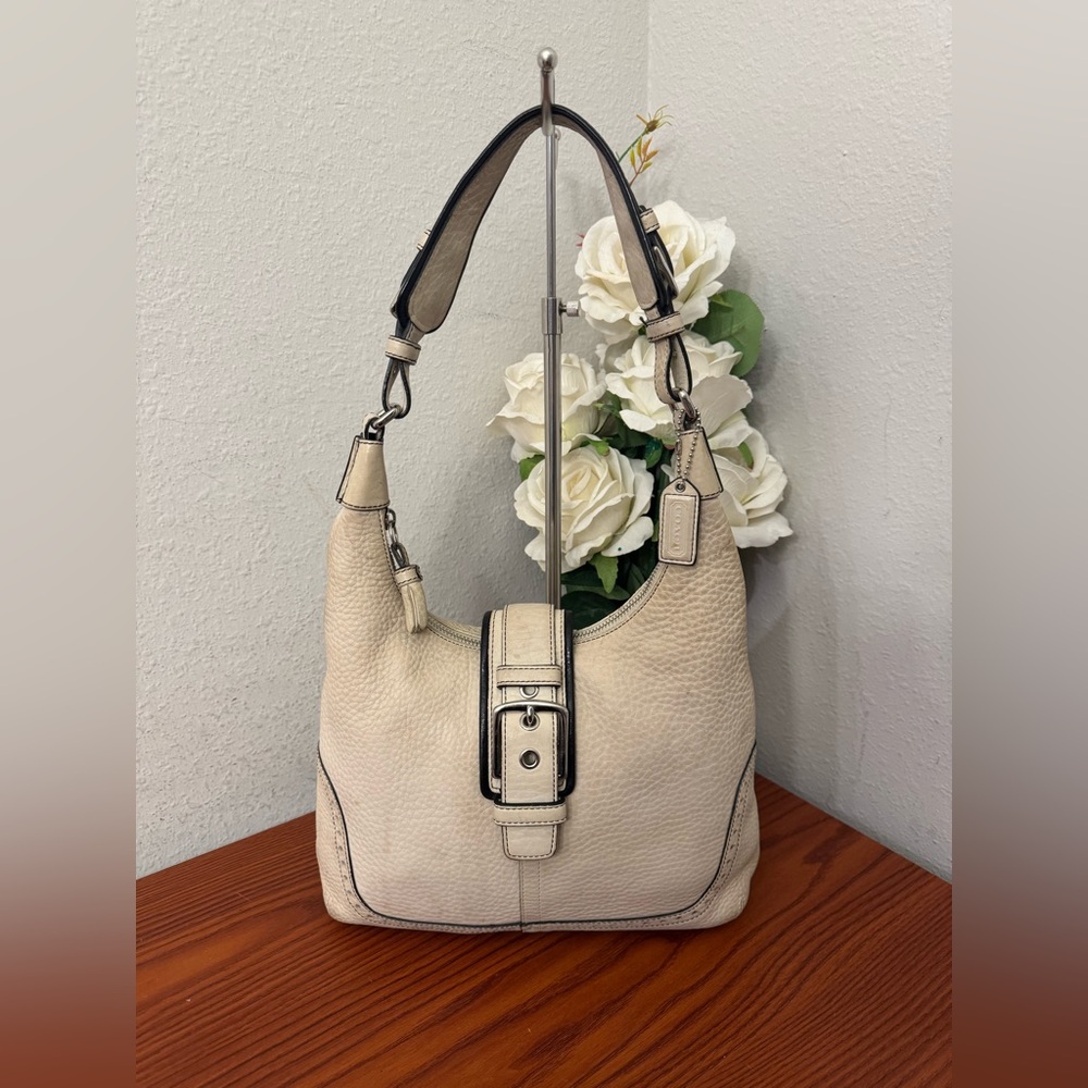 Coach Cream Pebbled Leather Hobo with Buckle Accent